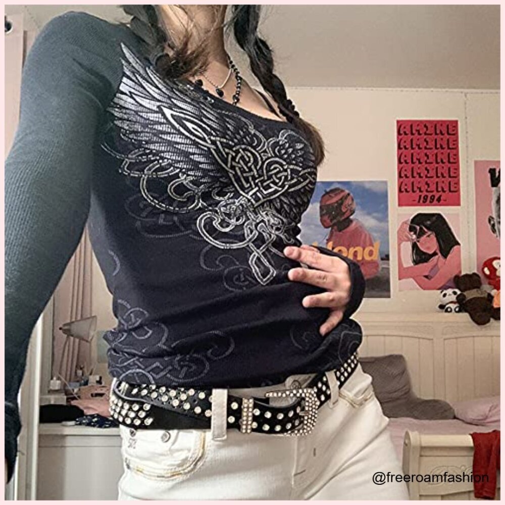 Long Sleeve V Neck Crop Top Slim Fit Y2K Grunge T-Shirt Rhinestone - Picture 3 of 7